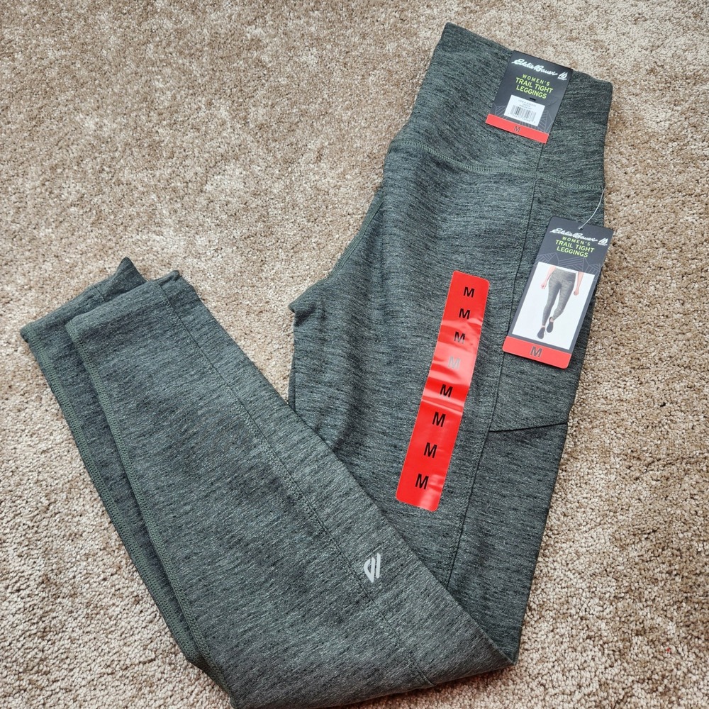 Eddie Bauer Womens Trail Tight Leggings Green Heather High Rise Pockets M NEW
